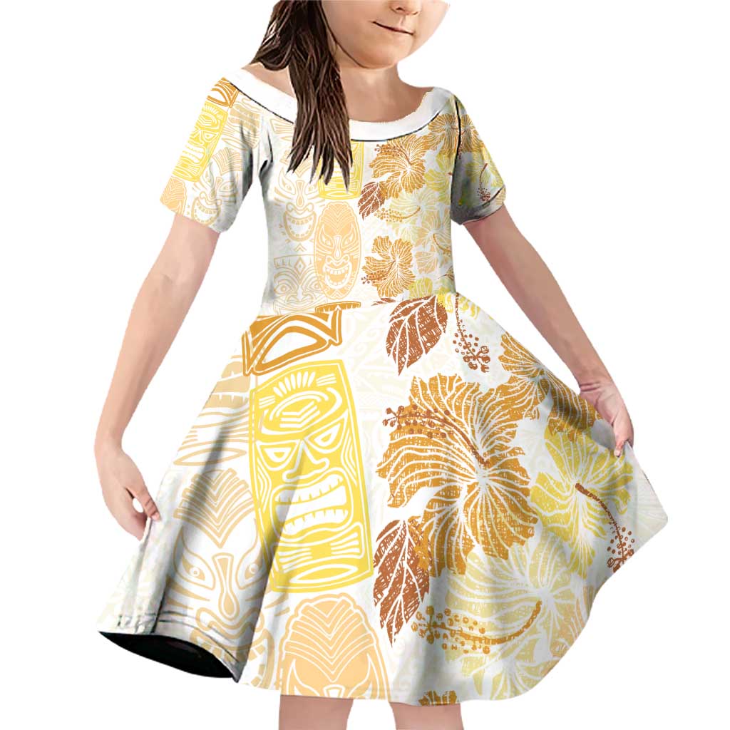 Christmas Aloha Hawaii Tiki Family Matching Off Shoulder Short Dress and Hawaiian Shirt Hibiscus Autumn Colors LT7 Daughter's Dress Yellow - Polynesian Pride