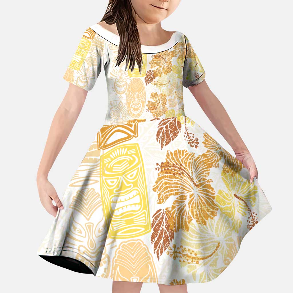 Christmas Aloha Hawaii Tiki Family Matching Puletasi and Hawaiian Shirt Hibiscus Autumn Colors LT7 Daughter's Dress Yellow - Polynesian Pride