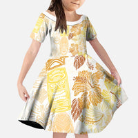 Christmas Aloha Hawaii Tiki Family Matching Puletasi and Hawaiian Shirt Hibiscus Autumn Colors LT7 Daughter's Dress Yellow - Polynesian Pride