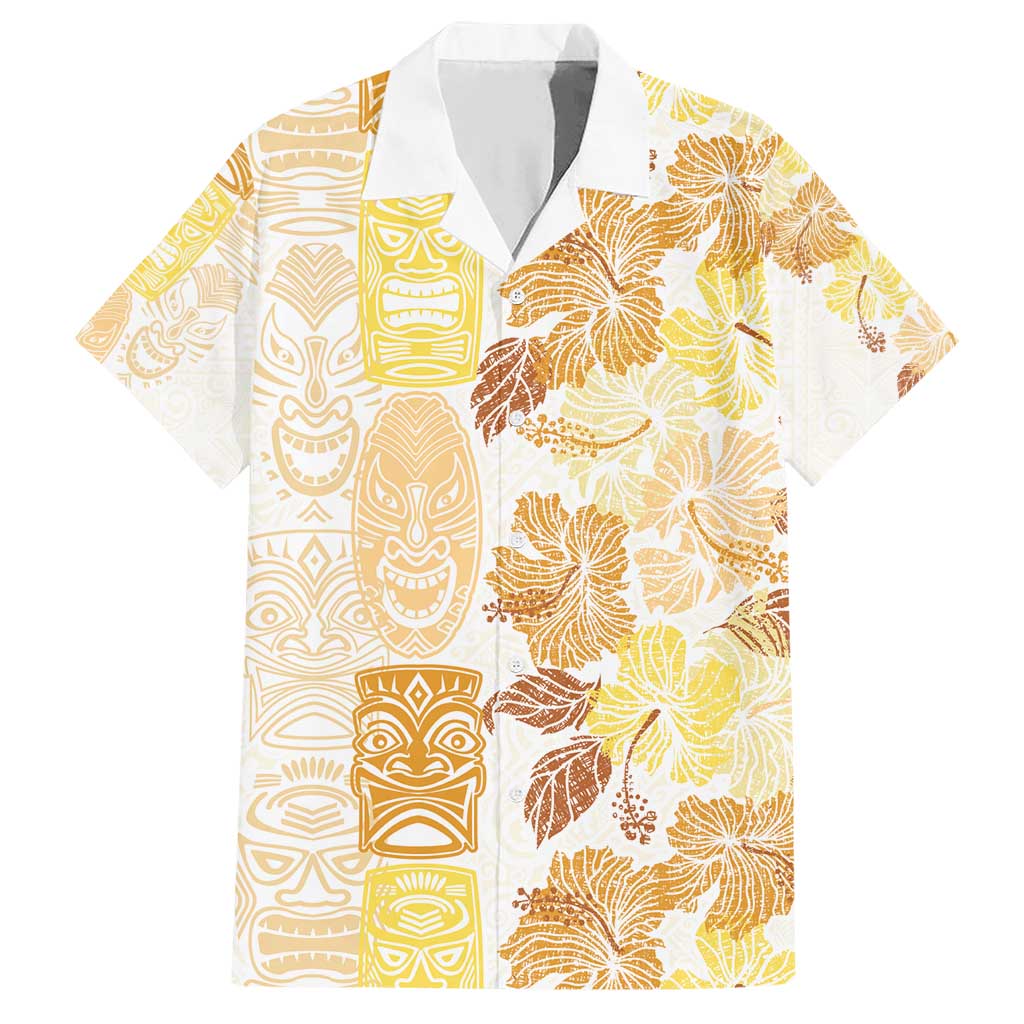 Christmas Aloha Hawaii Tiki Family Matching Short Sleeve Bodycon Dress and Hawaiian Shirt Hibiscus Autumn Colors LT7 Dad's Shirt - Short Sleeve Yellow - Polynesian Pride