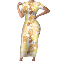 Christmas Aloha Hawaii Tiki Family Matching Short Sleeve Bodycon Dress and Hawaiian Shirt Hibiscus Autumn Colors LT7 Mom's Dress Yellow - Polynesian Pride