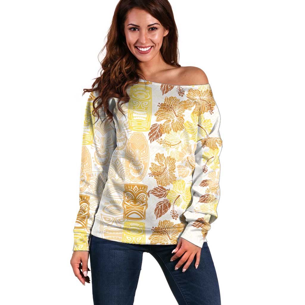 Christmas Aloha Hawaii Tiki Off Shoulder Sweater Hibiscus Autumn Colors - Polynesian Pride