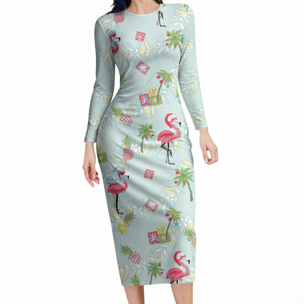 Aloha Hawaii Christmas Seamless Long Sleeve Bodycon Dress Plumeria Lei LT7 Long Dress Cerulean - Polynesian Pride