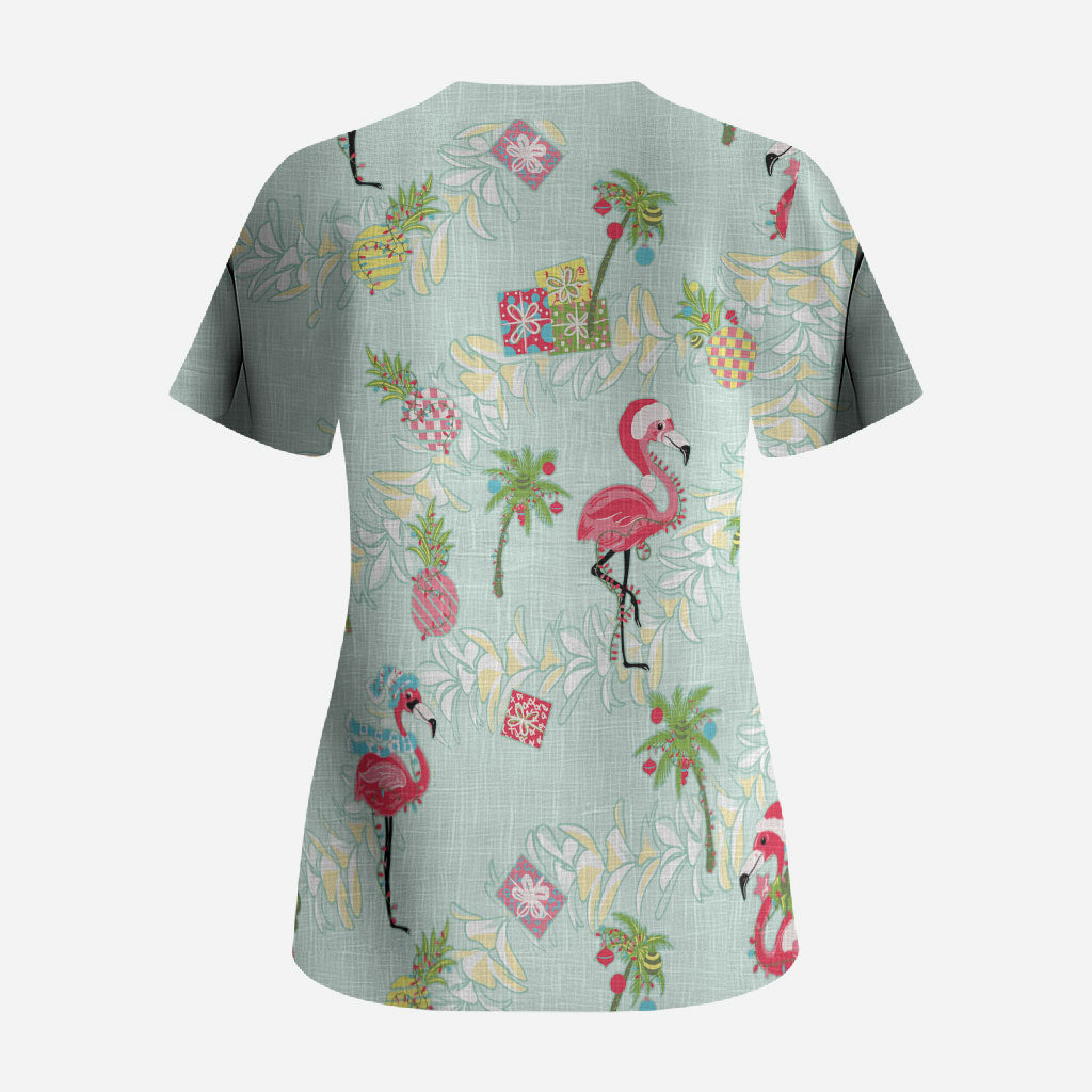 Aloha Hawaii Christmas Seamless Scrub Top Plumeria Lei LT7 - Polynesian Pride