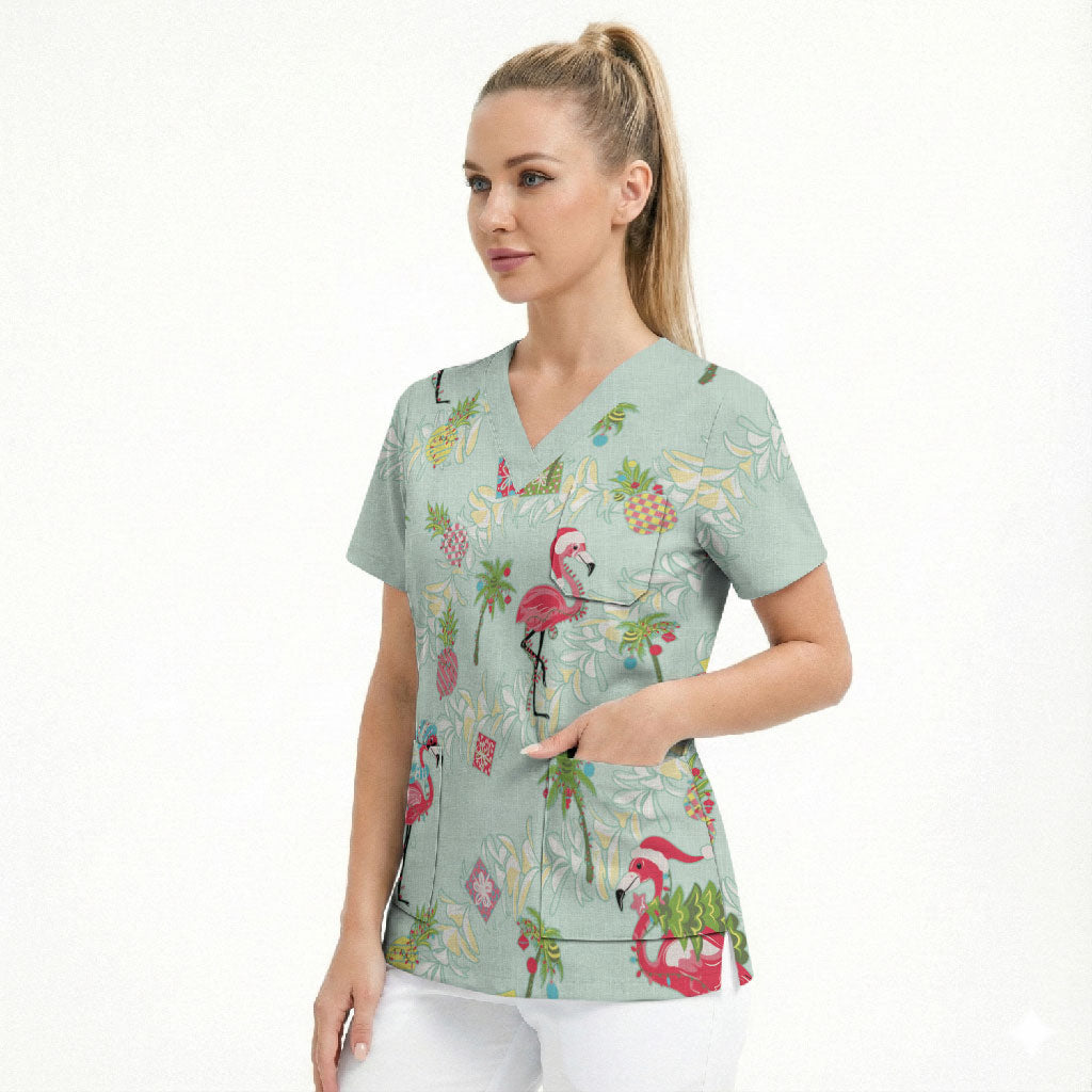 Aloha Hawaii Christmas Seamless Scrub Top Plumeria Lei LT7 - Polynesian Pride
