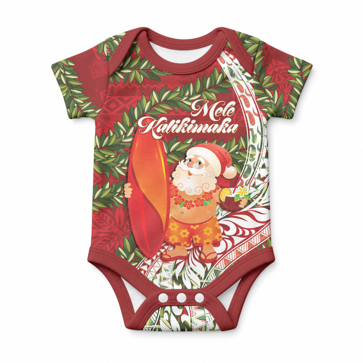 Mele Kalikimaka Hawaii Christmas Maile Lei Baby Onesie Tropical Santa LT7 Red - Polynesian Pride