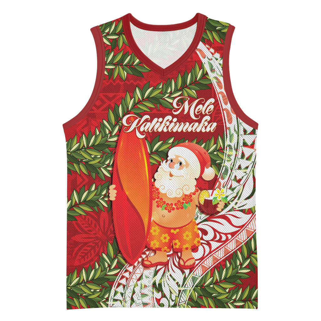 Mele Kalikimaka Hawaii Christmas Maile Lei Basketball Jersey Tropical Santa LT7 Unisex Red - Polynesian Pride