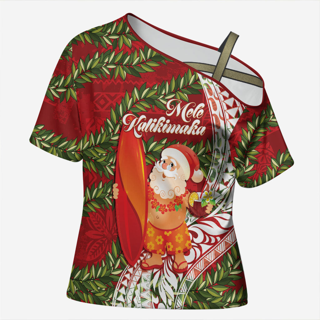 Mele Kalikimaka Hawaii Christmas Maile Lei Cross Shoulder Shirt Tropical Santa