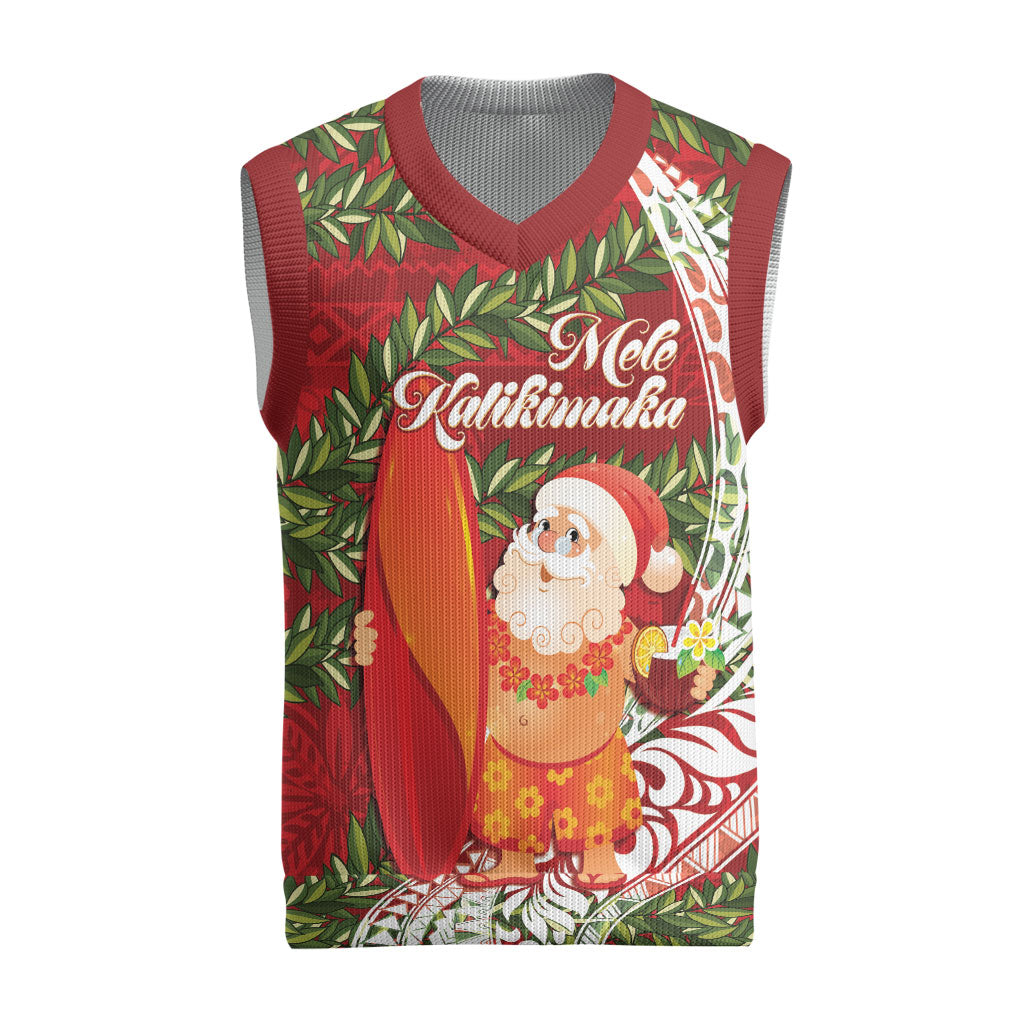 Mele Kalikimaka Hawaii Christmas Maile Lei Christmas Knitted V-Neck Vest Tropical Santa LT7 Red - Polynesian Pride