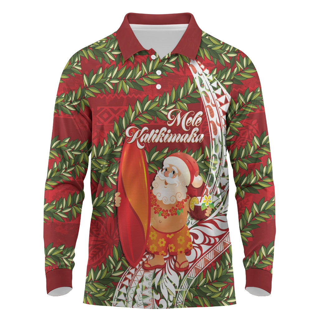 Mele Kalikimaka Hawaii Christmas Maile Lei Long Sleeve Polo Shirt Tropical Santa LT7 Red - Polynesian Pride