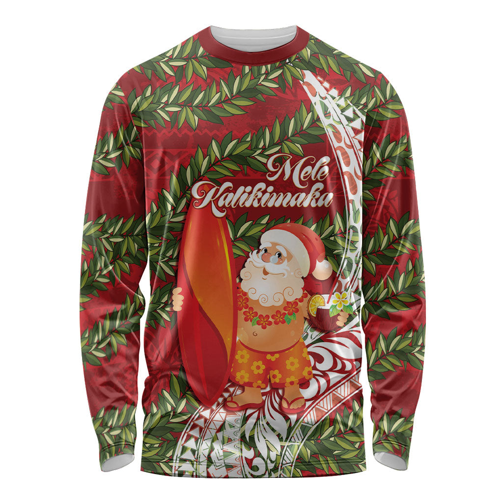 Mele Kalikimaka Hawaii Christmas Maile Lei Long Sleeve Shirt Tropical Santa LT7 Unisex Red - Polynesian Pride