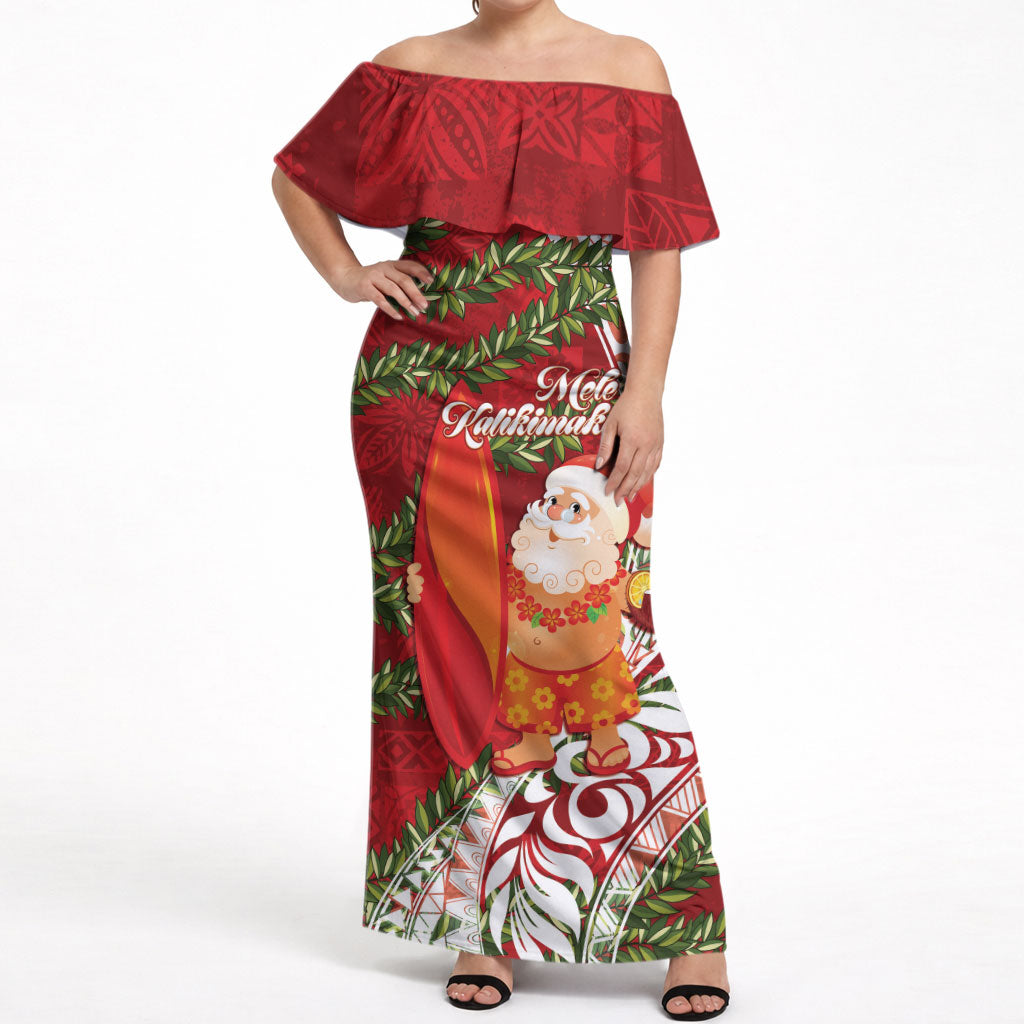 Mele Kalikimaka Hawaii Christmas Maile Lei Off Shoulder Maxi Dress Tropical Santa LT7 Women Red - Polynesian Pride