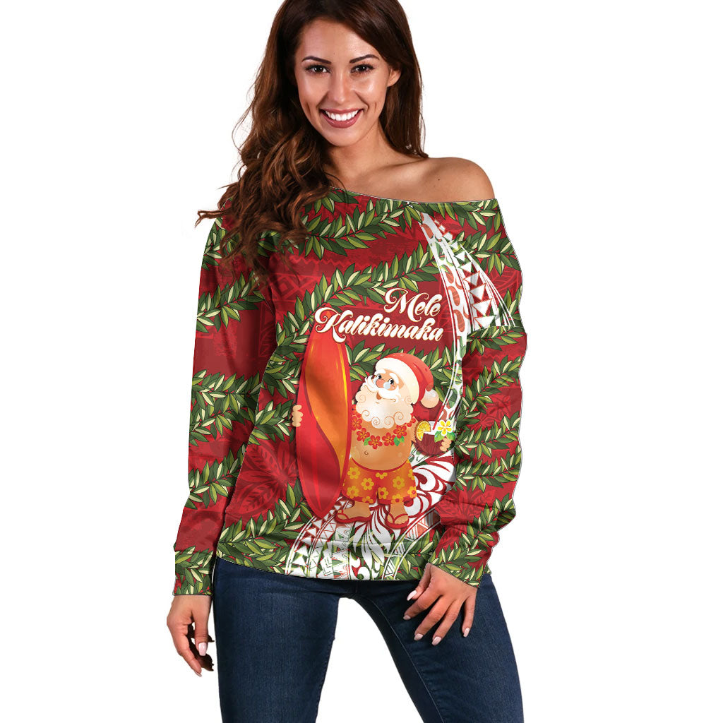 Mele Kalikimaka Hawaii Christmas Maile Lei Off Shoulder Sweater Tropical Santa LT7 Women Red - Polynesian Pride