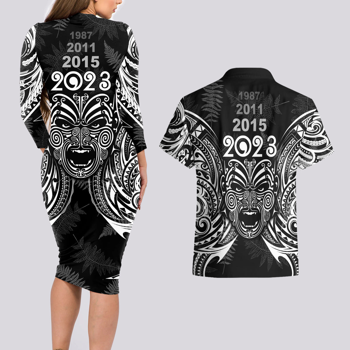 New Zealand Rugby Couples Matching Long Sleeve Bodycon Dress and Hawaiian Shirt 2023 World Cup Aotearoa Haka Face LT7 - Polynesian Pride