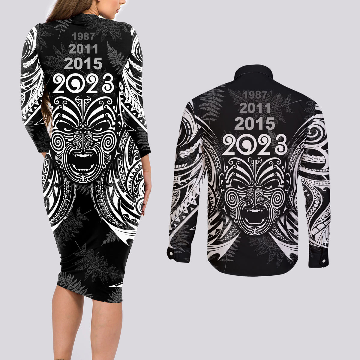 New Zealand Rugby Couples Matching Long Sleeve Bodycon Dress and Long Sleeve Button Shirt 2023 World Cup Aotearoa Haka Face LT7 - Polynesian Pride