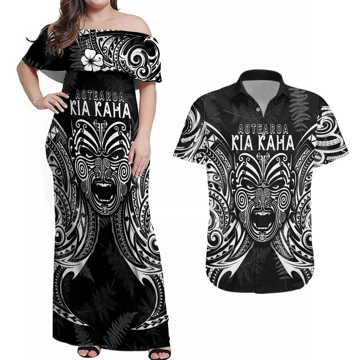 New Zealand Rugby Couples Matching Off Shoulder Maxi Dress and Hawaiian Shirt 2023 World Cup Aotearoa Haka Face LT7 Black - Polynesian Pride