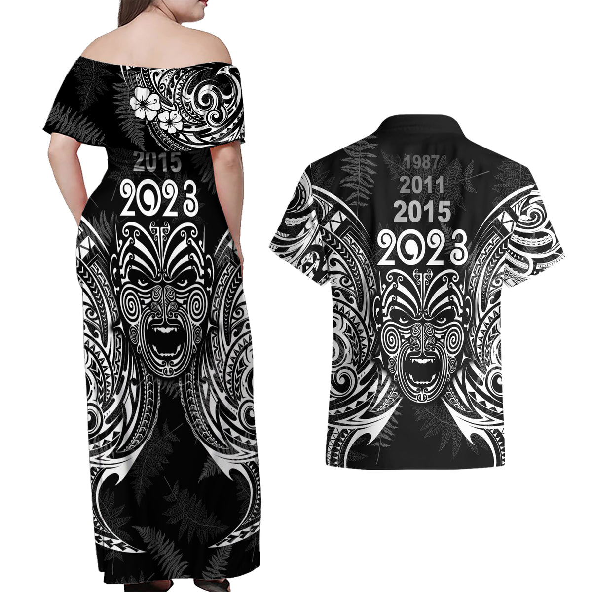 New Zealand Rugby Couples Matching Off Shoulder Maxi Dress and Hawaiian Shirt 2023 World Cup Aotearoa Haka Face LT7 - Polynesian Pride