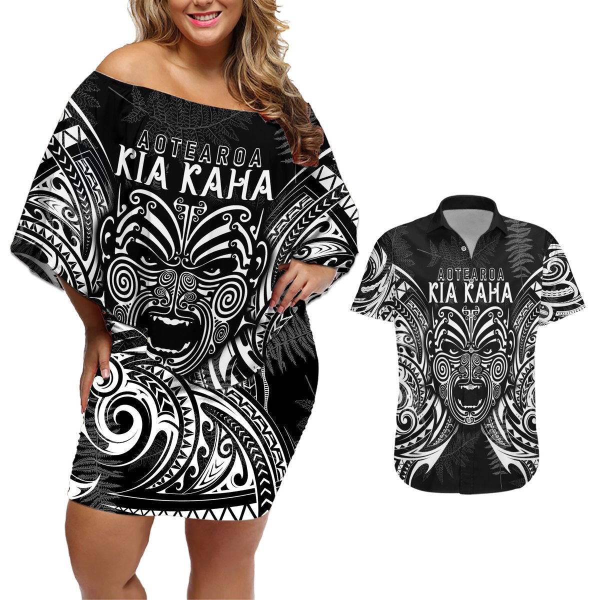 New Zealand Rugby Couples Matching Off Shoulder Short Dress and Hawaiian Shirt 2023 World Cup Aotearoa Haka Face LT7 Black - Polynesian Pride