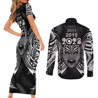 New Zealand Rugby Couples Matching Short Sleeve Bodycon Dress and Long Sleeve Button Shirt 2023 World Cup Aotearoa Haka Face LT7 - Polynesian Pride