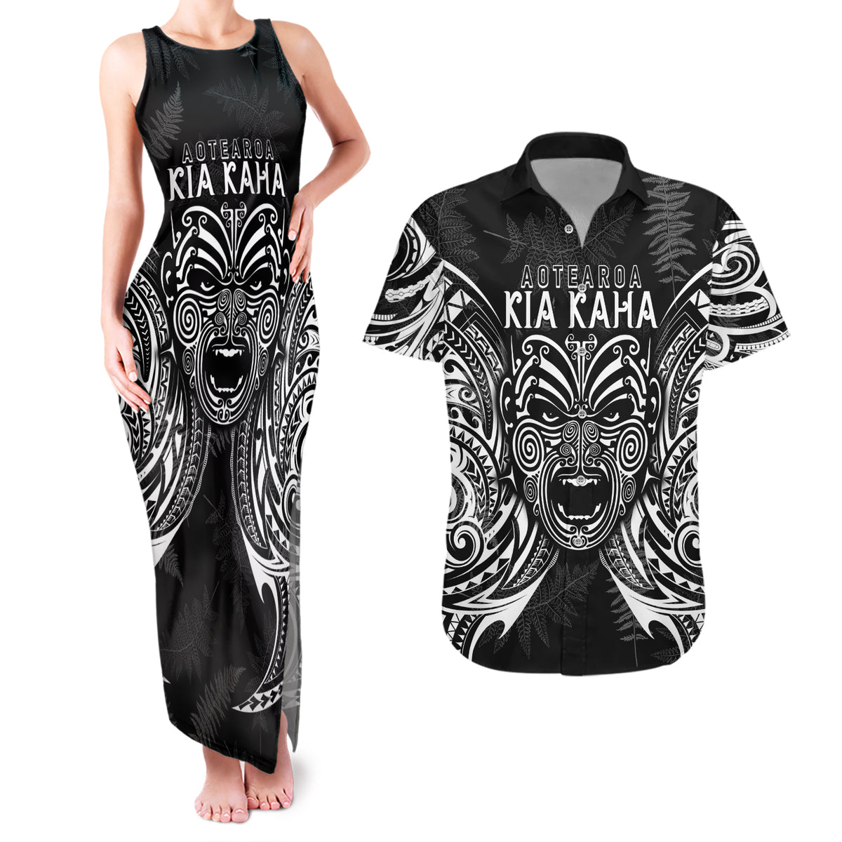 New Zealand Rugby Couples Matching Tank Maxi Dress and Hawaiian Shirt 2023 World Cup Aotearoa Haka Face LT7 Black - Polynesian Pride