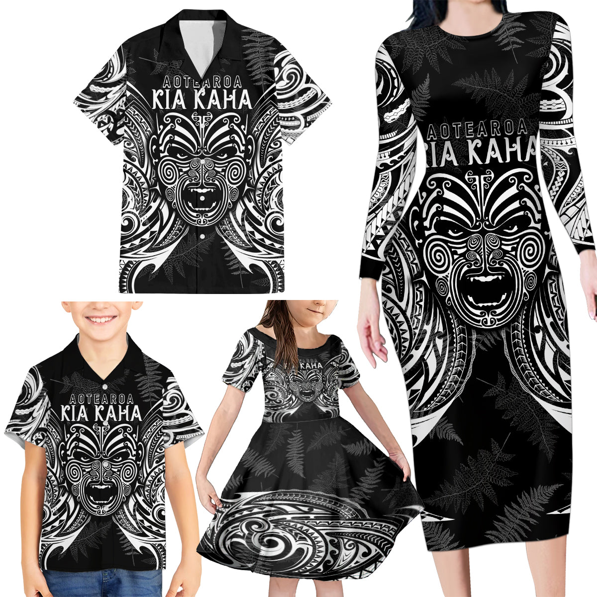 New Zealand Rugby Family Matching Long Sleeve Bodycon Dress and Hawaiian Shirt 2023 World Cup Aotearoa Haka Face LT7 - Polynesian Pride
