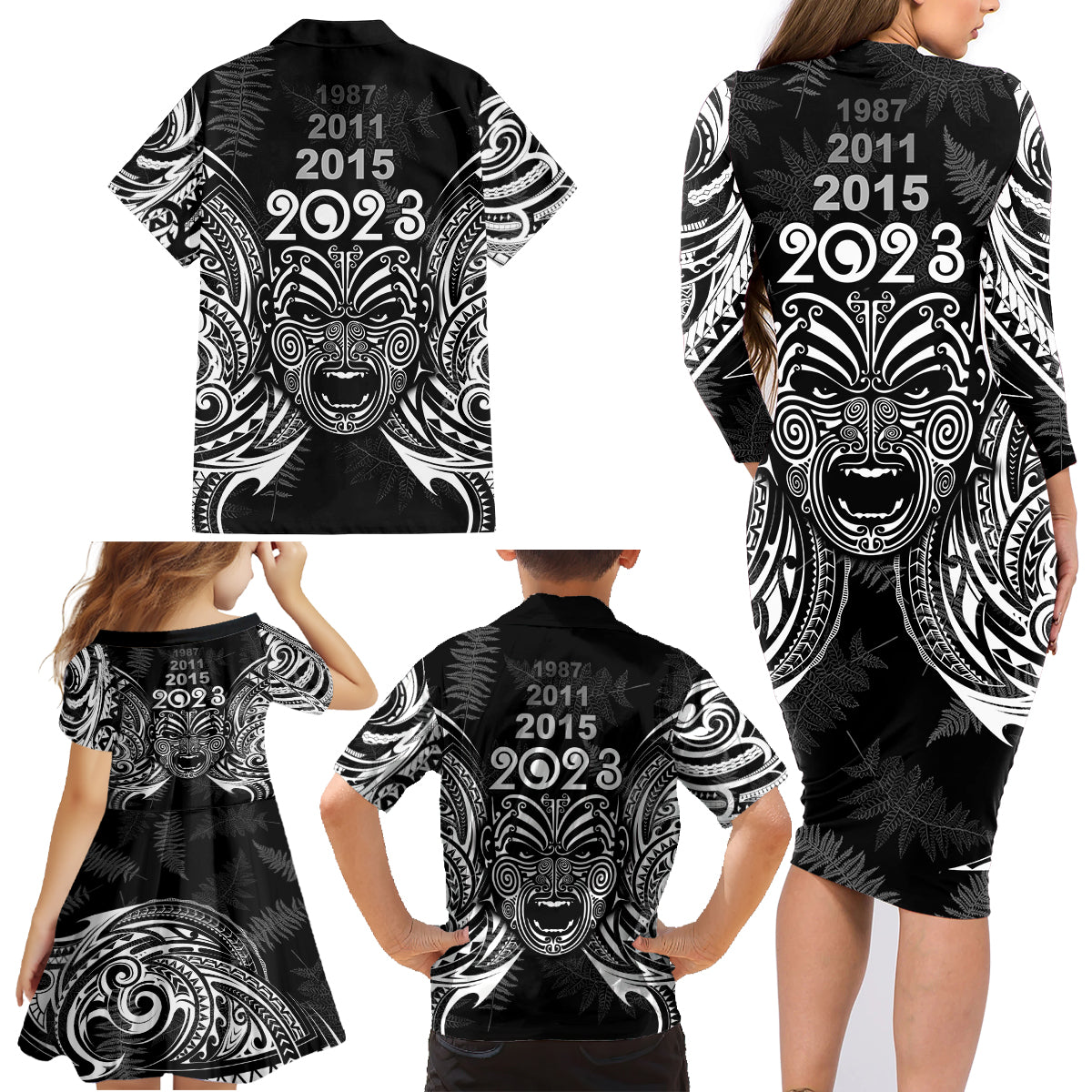 New Zealand Rugby Family Matching Long Sleeve Bodycon Dress and Hawaiian Shirt 2023 World Cup Aotearoa Haka Face LT7 - Polynesian Pride