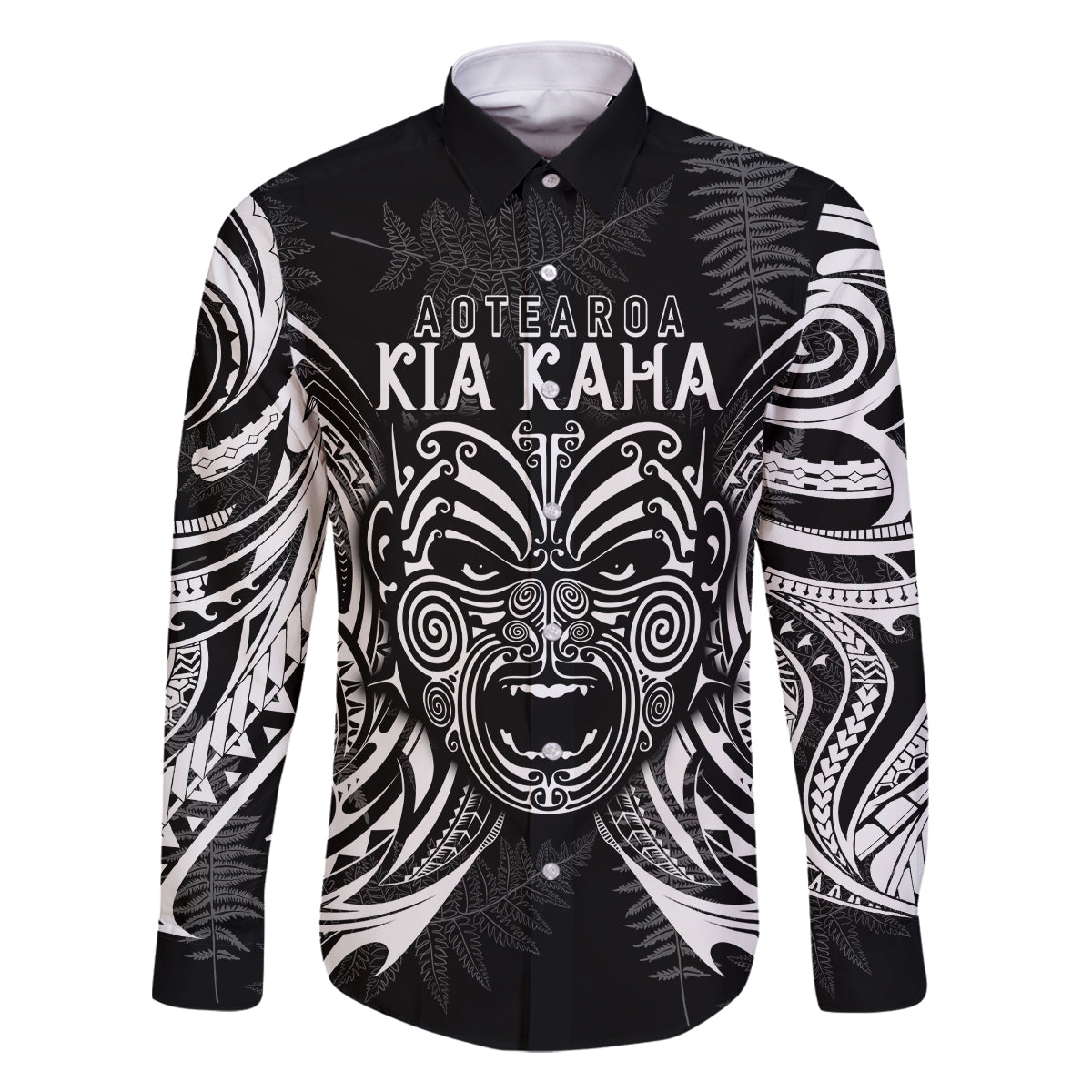 New Zealand Rugby Family Matching Long Sleeve Bodycon Dress and Hawaiian Shirt 2023 World Cup Aotearoa Haka Face LT7 Dad's Shirt - Long Sleeve Black - Polynesian Pride