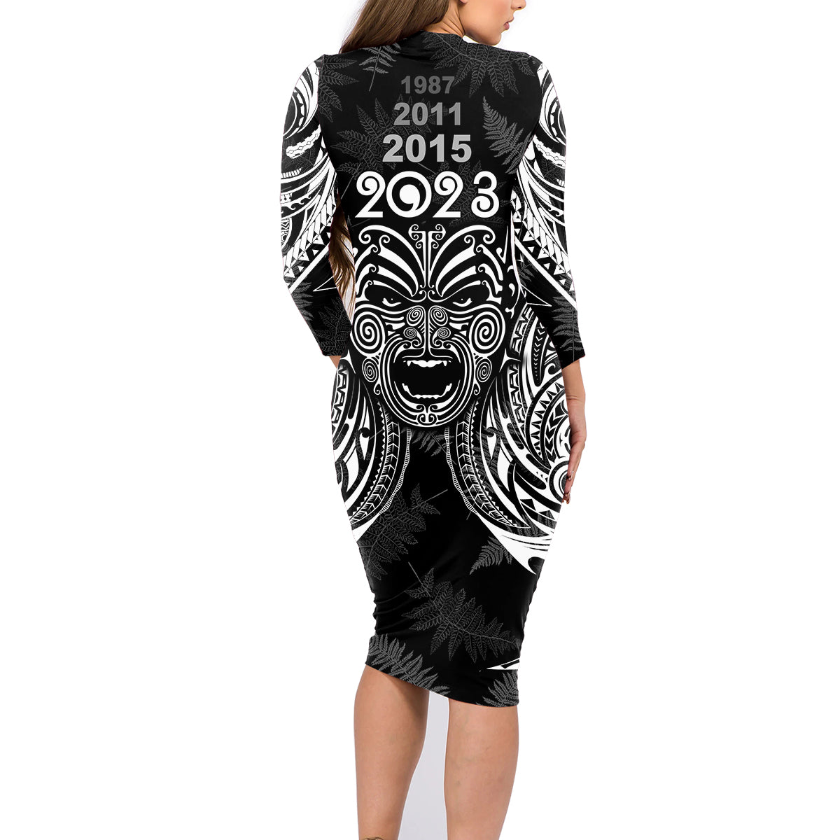 New Zealand Rugby Family Matching Long Sleeve Bodycon Dress and Hawaiian Shirt 2023 World Cup Aotearoa Haka Face LT7 - Polynesian Pride