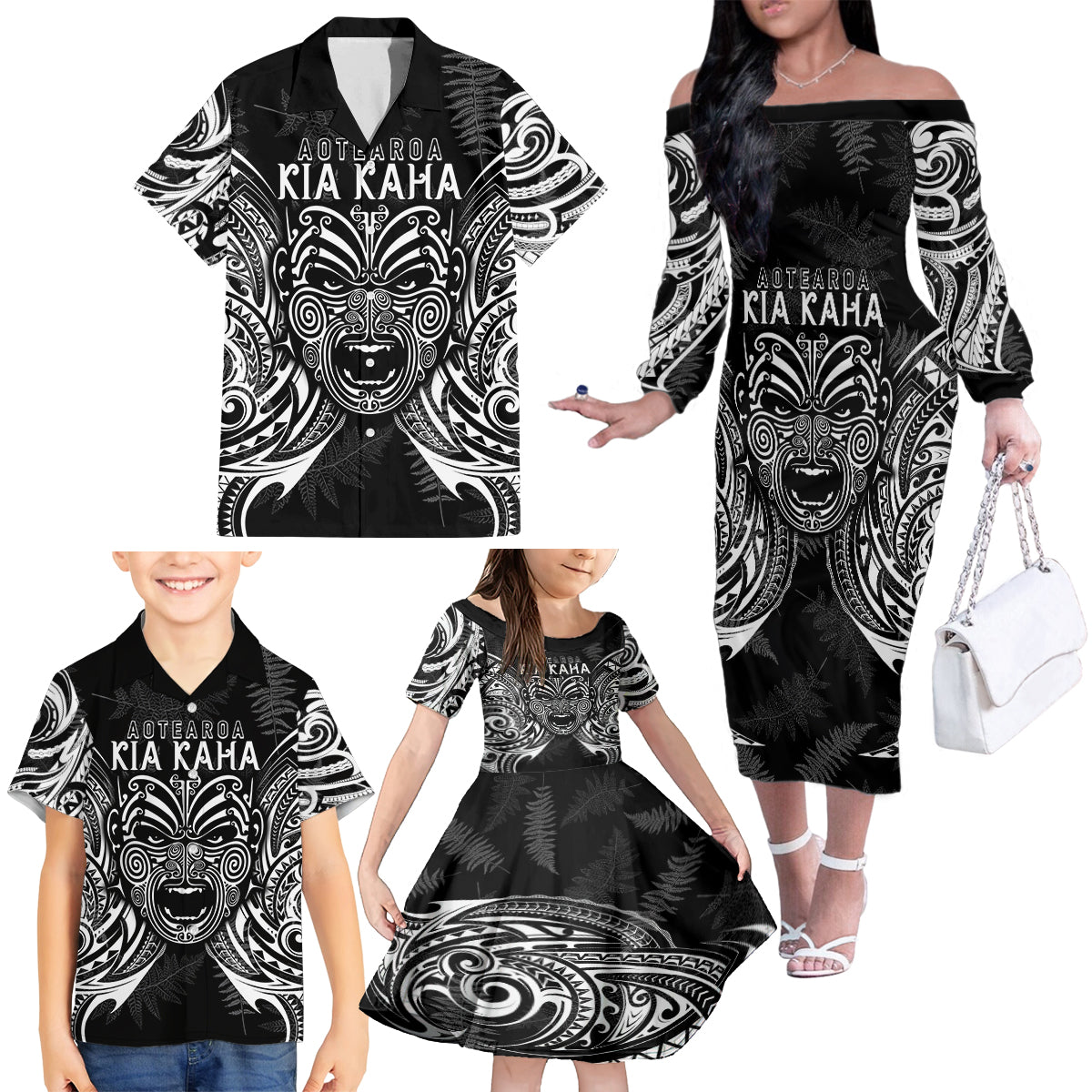 New Zealand Rugby Family Matching Off Shoulder Long Sleeve Dress and Hawaiian Shirt 2023 World Cup Aotearoa Haka Face LT7 - Polynesian Pride