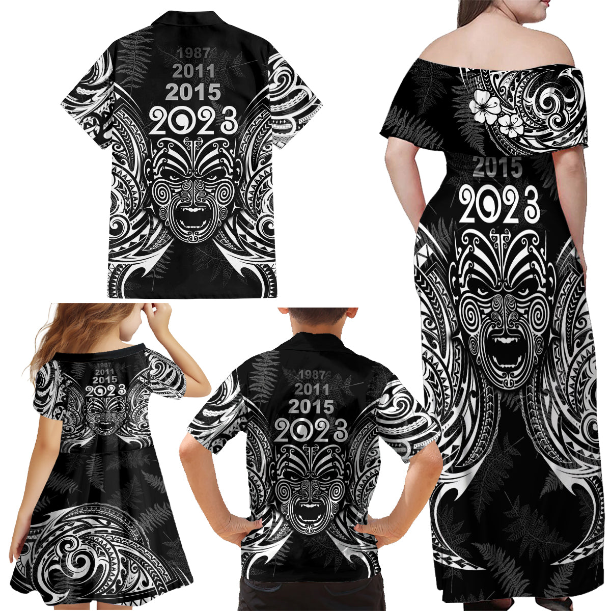 New Zealand Rugby Family Matching Off Shoulder Maxi Dress and Hawaiian Shirt 2023 World Cup Aotearoa Haka Face LT7 - Polynesian Pride