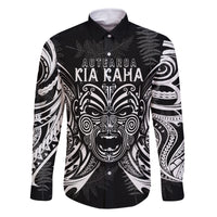 New Zealand Rugby Family Matching Off Shoulder Maxi Dress and Hawaiian Shirt 2023 World Cup Aotearoa Haka Face LT7 Dad's Shirt - Long Sleeve Black - Polynesian Pride
