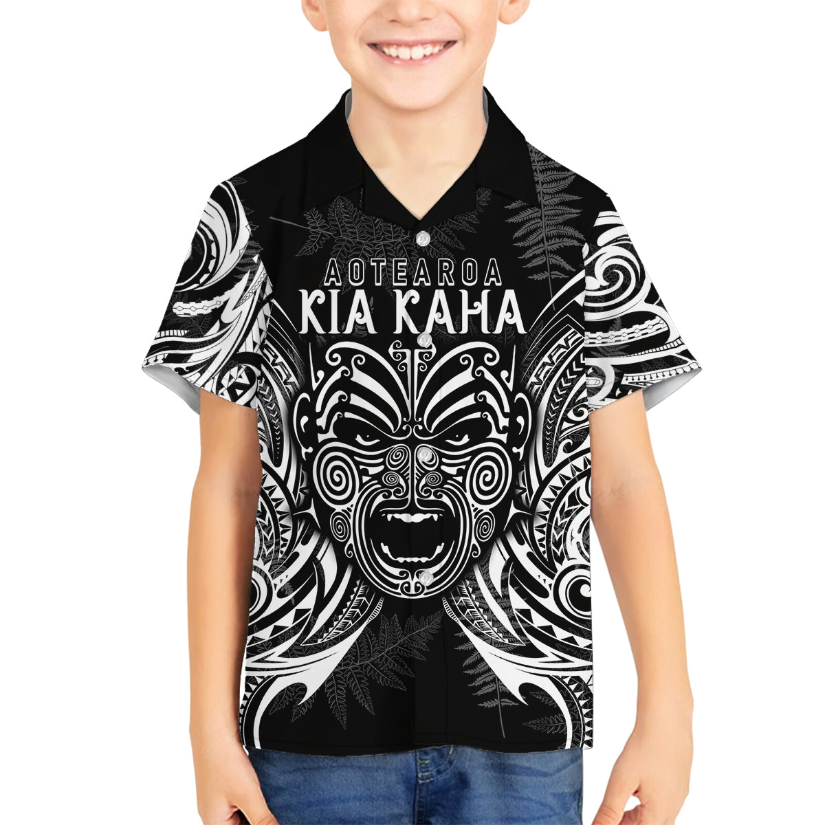 New Zealand Rugby Family Matching Off Shoulder Maxi Dress and Hawaiian Shirt 2023 World Cup Aotearoa Haka Face LT7 Son's Shirt Black - Polynesian Pride