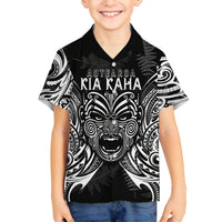 New Zealand Rugby Family Matching Off Shoulder Maxi Dress and Hawaiian Shirt 2023 World Cup Aotearoa Haka Face LT7 Son's Shirt Black - Polynesian Pride