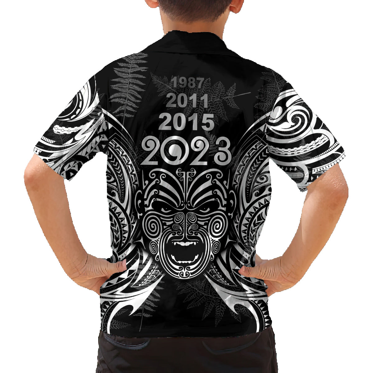New Zealand Rugby Family Matching Off Shoulder Short Dress and Hawaiian Shirt 2023 World Cup Aotearoa Haka Face LT7 - Polynesian Pride