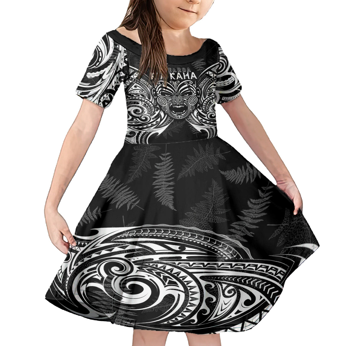 New Zealand Rugby Family Matching Puletasi Dress and Hawaiian Shirt 2023 World Cup Aotearoa Haka Face LT7 Daughter's Dress Black - Polynesian Pride