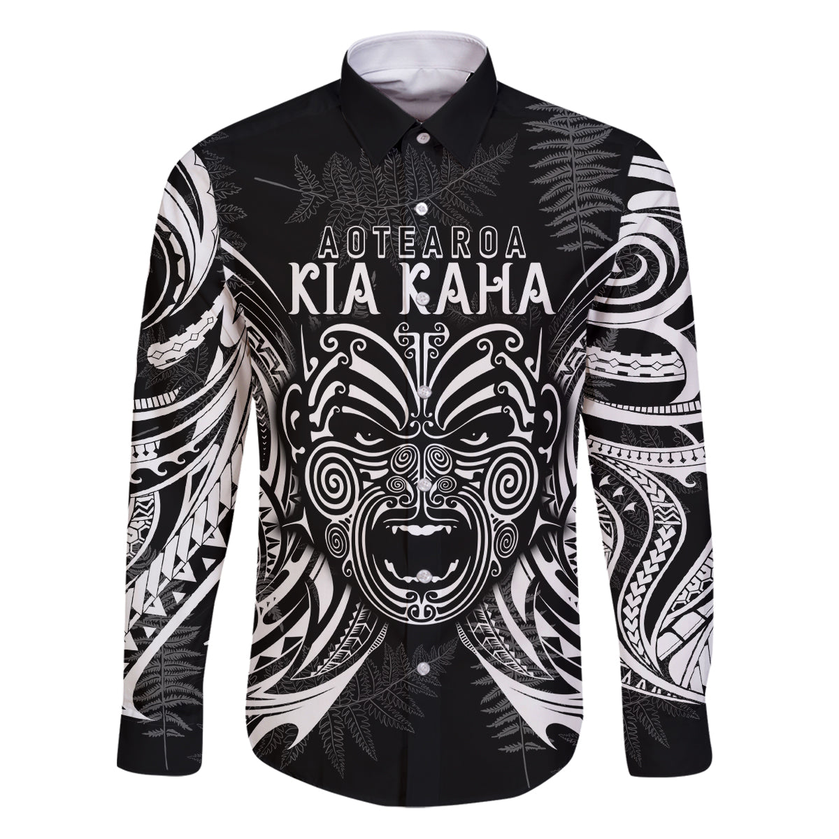 New Zealand Rugby Family Matching Puletasi Dress and Hawaiian Shirt 2023 World Cup Aotearoa Haka Face LT7 Dad's Shirt - Long Sleeve Black - Polynesian Pride