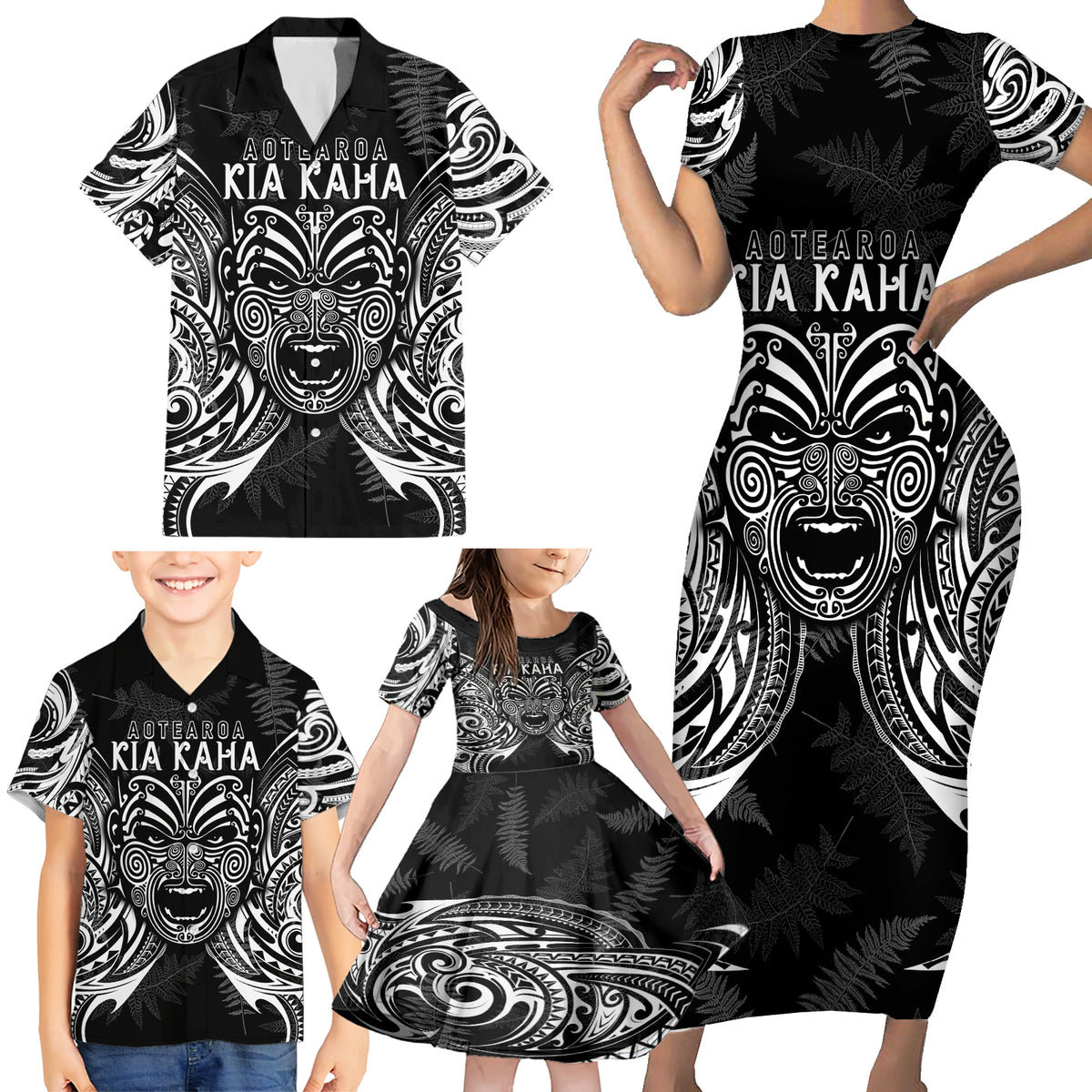 New Zealand Rugby Family Matching Short Sleeve Bodycon Dress and Hawaiian Shirt 2023 World Cup Aotearoa Haka Face LT7 - Polynesian Pride