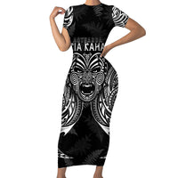 New Zealand Rugby Family Matching Short Sleeve Bodycon Dress and Hawaiian Shirt 2023 World Cup Aotearoa Haka Face LT7 Mom's Dress Black - Polynesian Pride