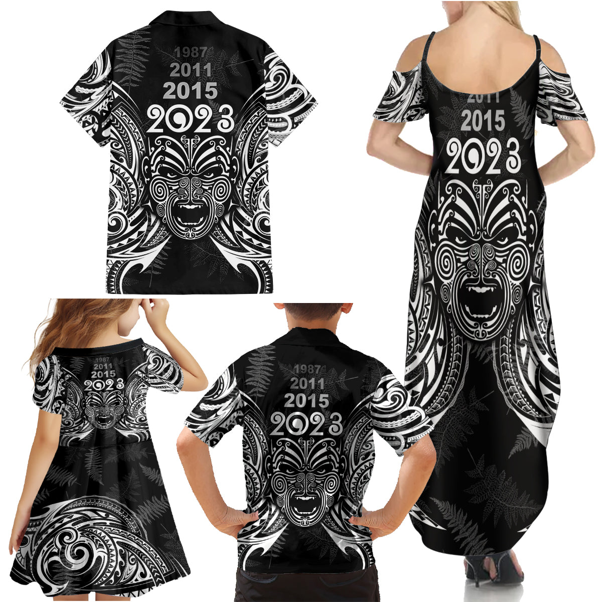 New Zealand Rugby Family Matching Summer Maxi Dress and Hawaiian Shirt 2023 World Cup Aotearoa Haka Face LT7 - Polynesian Pride