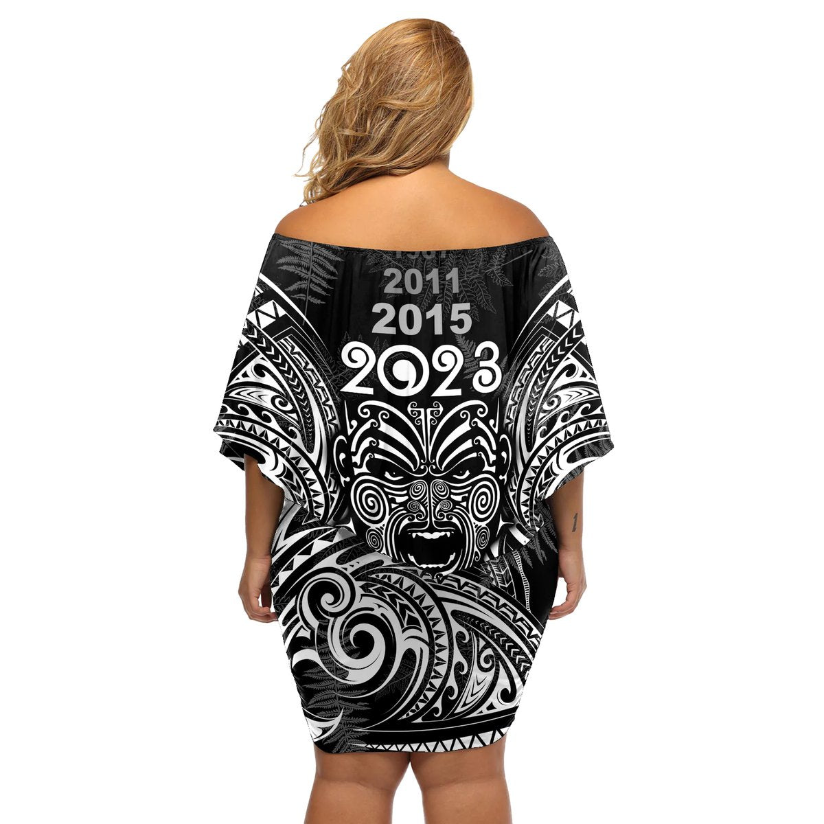 Custom New Zealand Rugby Off Shoulder Short Dress 2023 World Cup Aotearoa Haka Face LT7 - Polynesian Pride
