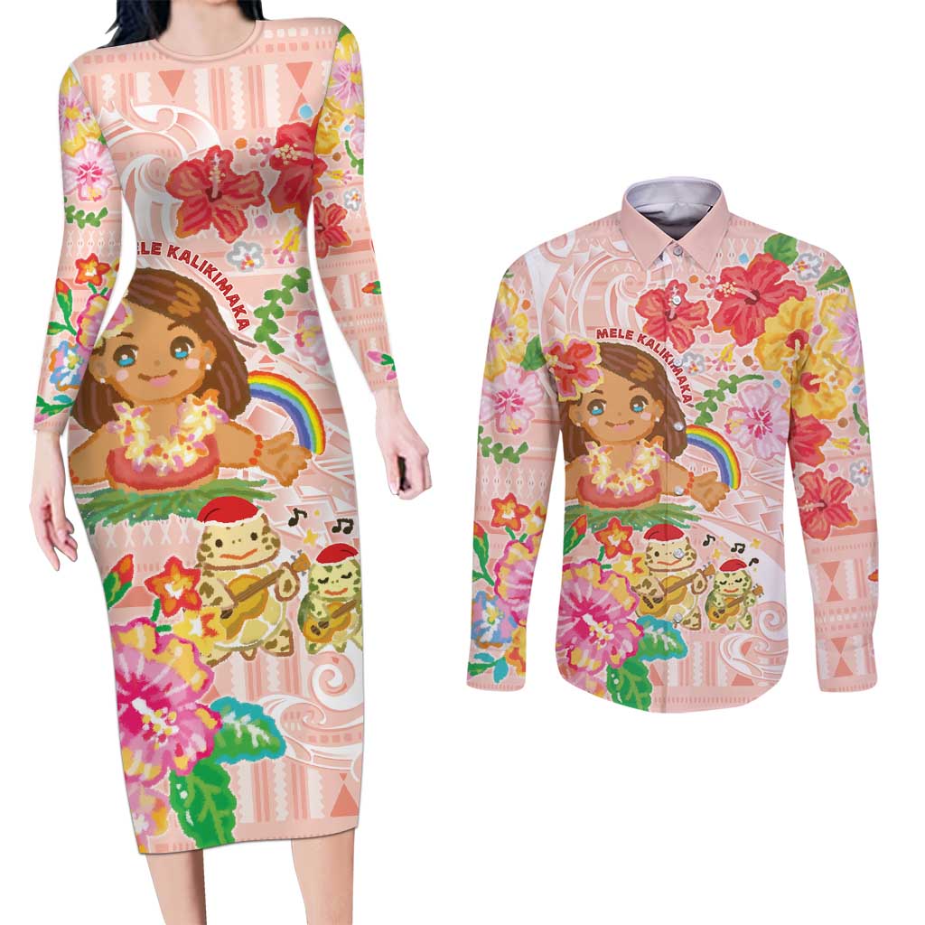 Aloha Hawaii Couples Matching Long Sleeve Bodycon Dress and Long Sleeve Button Shirt Kawaii Mele Kalikimaka - Pastel Fever LT7 Peach - Polynesian Pride