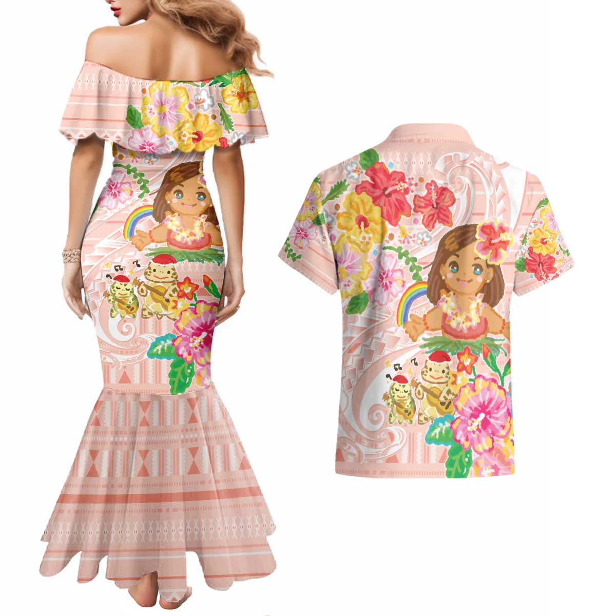 Aloha Hawaii Couples Matching Mermaid Dress and Hawaiian Shirt Kawaii Mele Kalikimaka - Pastel Fever LT7 - Polynesian Pride