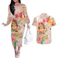 Aloha Hawaii Couples Matching Off The Shoulder Long Sleeve Dress and Hawaiian Shirt Kawaii Mele Kalikimaka - Pastel Fever LT7 Peach - Polynesian Pride