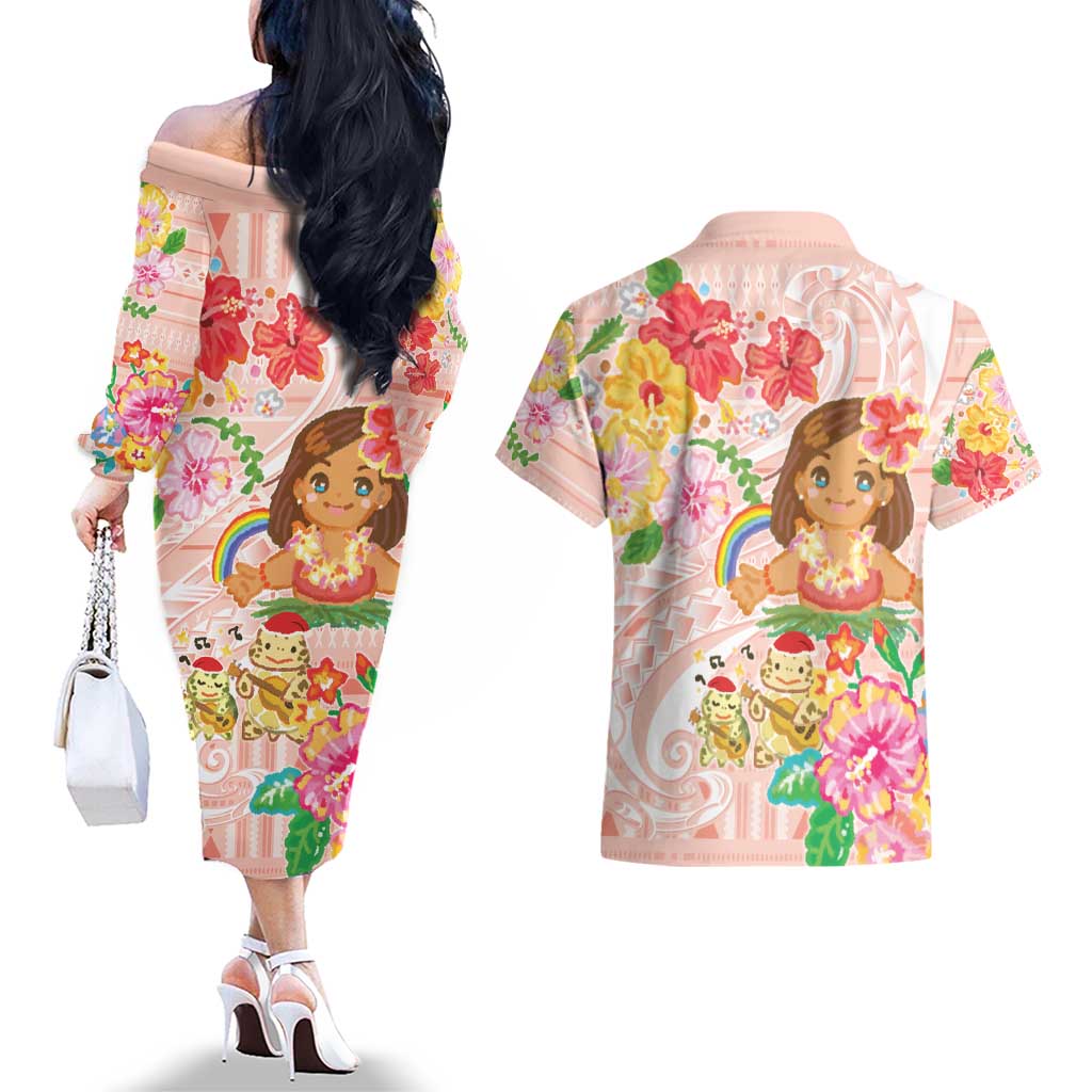 Aloha Hawaii Couples Matching Off The Shoulder Long Sleeve Dress and Hawaiian Shirt Kawaii Mele Kalikimaka - Pastel Fever LT7 - Polynesian Pride