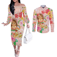 Aloha Hawaii Couples Matching Off The Shoulder Long Sleeve Dress and Long Sleeve Button Shirt Kawaii Mele Kalikimaka - Pastel Fever LT7 Peach - Polynesian Pride