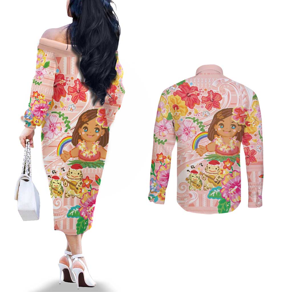 Aloha Hawaii Couples Matching Off The Shoulder Long Sleeve Dress and Long Sleeve Button Shirt Kawaii Mele Kalikimaka - Pastel Fever LT7 - Polynesian Pride