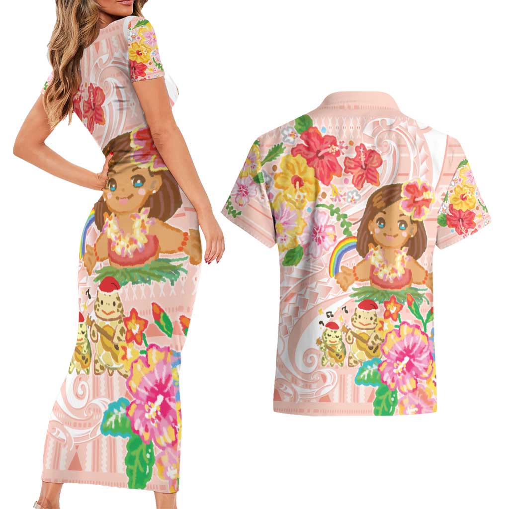 Aloha Hawaii Couples Matching Short Sleeve Bodycon Dress and Hawaiian Shirt Kawaii Mele Kalikimaka - Pastel Fever LT7 - Polynesian Pride