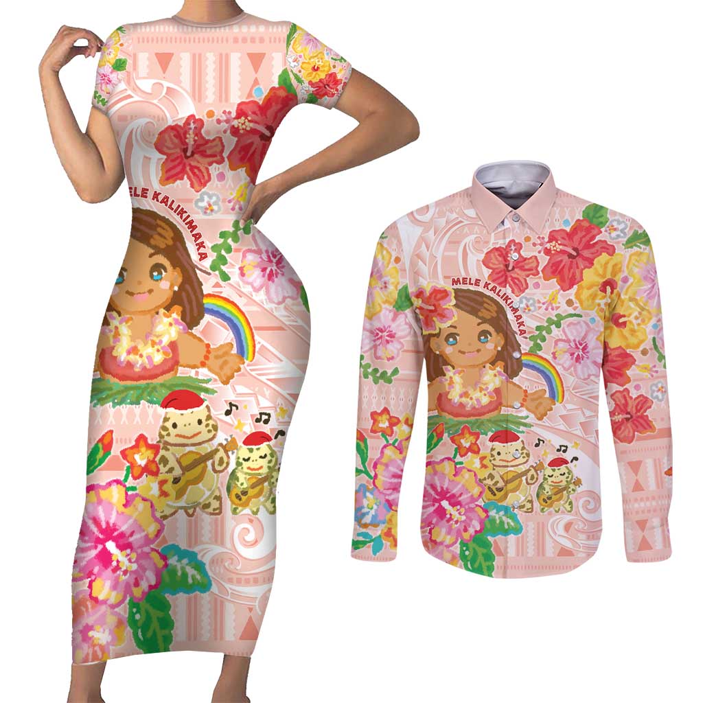 Aloha Hawaii Couples Matching Short Sleeve Bodycon Dress and Long Sleeve Button Shirt Kawaii Mele Kalikimaka - Pastel Fever LT7 Peach - Polynesian Pride