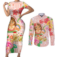 Aloha Hawaii Couples Matching Short Sleeve Bodycon Dress and Long Sleeve Button Shirt Kawaii Mele Kalikimaka - Pastel Fever LT7 Peach - Polynesian Pride