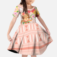 Aloha Hawaii Family Matching Long Sleeve Bodycon Dress and Hawaiian Shirt Kawaii Mele Kalikimaka - Pastel Fever LT7 Daughter's Dress Peach - Polynesian Pride